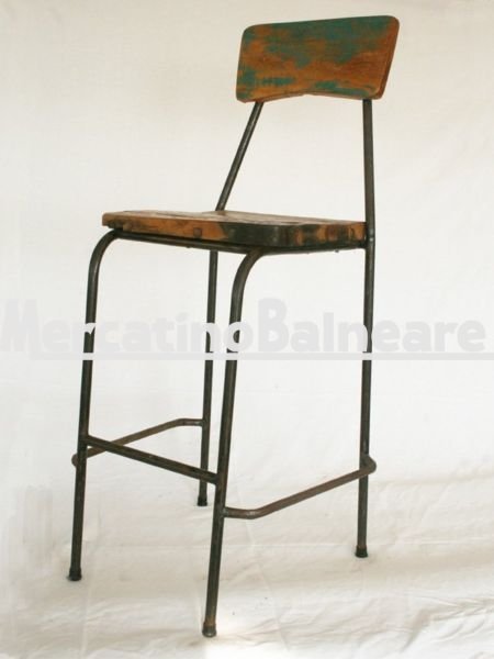 Sgabello Bar in metallo e legno Teak di recupero